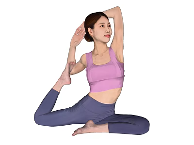 Woman Doing Seated Yoga Stretch Pose In Purple Sports Bra And Blue Leggings 3d model