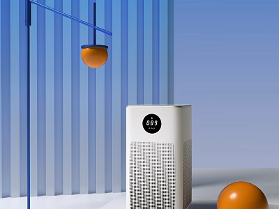White Air Purifier With Digital Display In Modern Space With Blue Stripes And Orange Balls 3d model