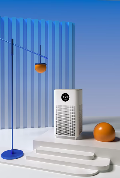 White Air Purifier With Digital Display In Modern Space With Blue Stripes And Orange Balls 3d model