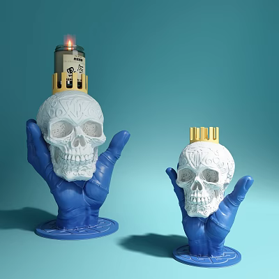 Decorative Ornament Set With Blue Hands Holding White Skulls And Gold Decorations 3d model