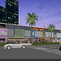 Evening Commercial Street with High Rise Buildings Palm Trees Shops Pedestrians and Moving Cars