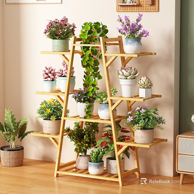 Wooden Multi Tiered Flower Stand With Potted Succulents And Green Plants Indoor 3d model 