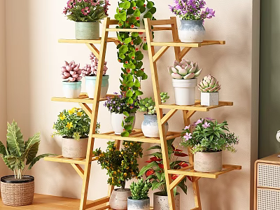 Wooden Multi Tiered Flower Stand With Potted Succulents And Green Plants Indoor 3d model