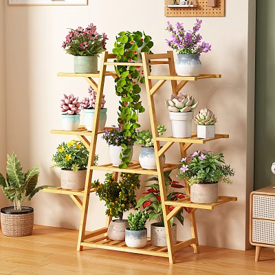 Wooden Multi Tiered Flower Stand With Potted Succulents And Green Plants Indoor 3d model