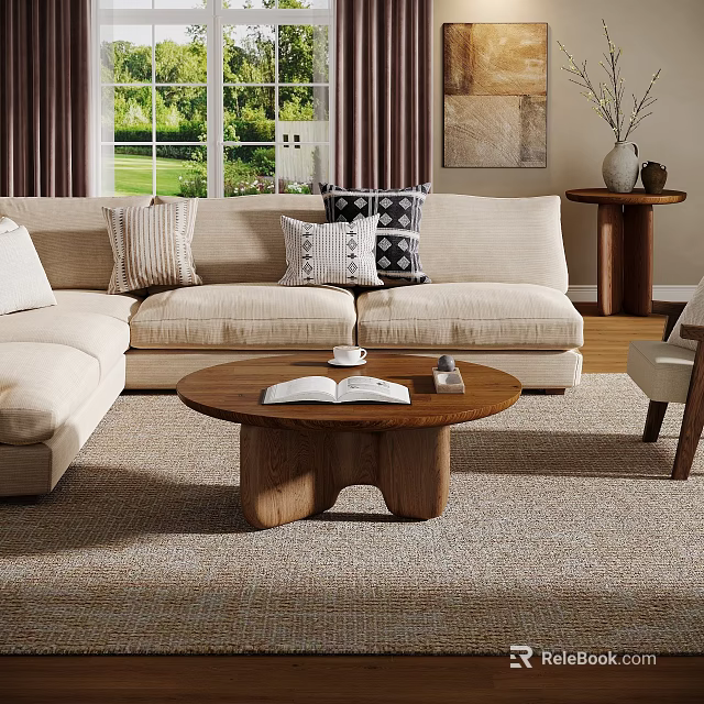 Natural Wooden Round Coffee Table In Living Room With Beige Sofa And Pillows 3d model 