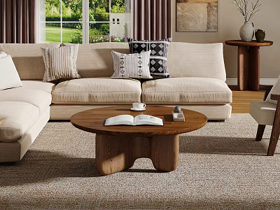 Natural Wooden Round Coffee Table In Living Room With Beige Sofa And Pillows 3d model