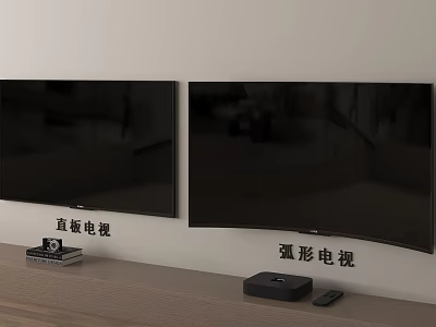 Flat Panel and Curved Screen TVs With Set top Box and Remote Control on Wall 3d model