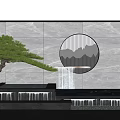 Scenic Wall With Gray Marble Circular Window Mountain Pattern Flowing Waterfall And Side Pine Tree