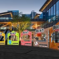 Colorful Fresh Market Stalls In Outdoor Setting With Modern Buildings And Trees