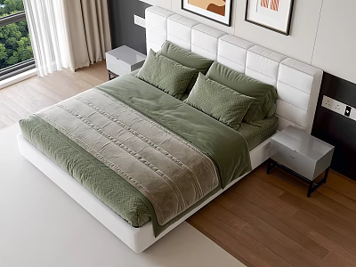 Modern Double Bed With White Paneled Headboard Green Quilt Gray Blanket And Wooden Floor 3d model