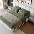 Modern Double Bed With White Paneled Headboard Green Quilt Gray Blanket And Wooden Floor