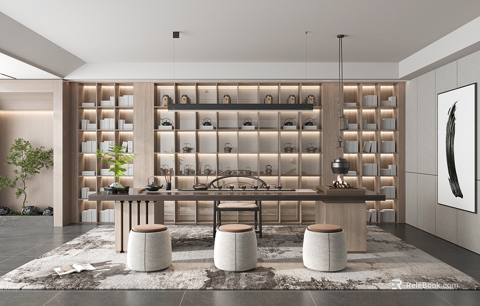 Modern Tea Room Interior With Wooden Shelves Tea Sets Long Table And Round Stools 3d model 
