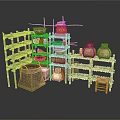 Bamboo Shelves Displaying Various Household Items Baskets Earthen Jars And Stool 3d model
