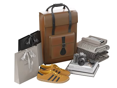 Brown Leather Backpack with Shopping Bags Yellow Sneakers Camera Books and Folded Clothes 3d model