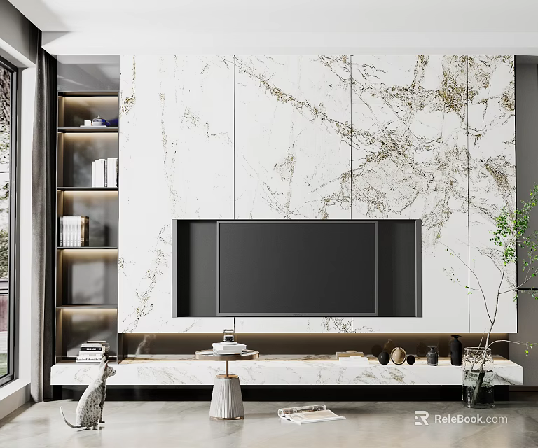 Modern TV Wall With White Marble Panel Golden Veins Black TV Embedded Open Shelves Decorative Stand 3d model 