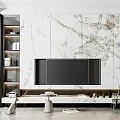 Modern TV Wall With White Marble Panel Golden Veins Black TV Embedded Open Shelves Decorative Stand