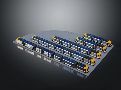 Blue And Yellow Trams Arrangement In Clean Background 3d model