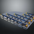 Blue And Yellow Trams Arrangement In Clean Background 3d model