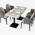 Gray Upholstered Dining Chairs With Black Legs Around Rectangular Marble Top Table 3d model