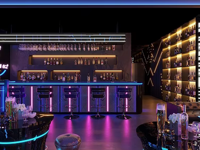 Modern Bar Interior With Neon Lights Bar Counter High Stools And Wine Bottles On Shelves 3d model