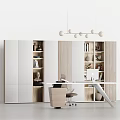 Modern Office Desk Setup With Ergonomic Chair Computer Built in Bookshelves Decorative Items And Pendant Lights