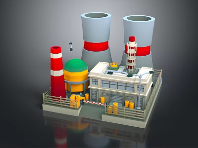 Cartoon Industrial Scene with Tall Red White Towers Small Building and Yellow Warning Signs 3d model