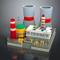Cartoon Industrial Scene with Tall Red White Towers Small Building and Yellow Warning Signs