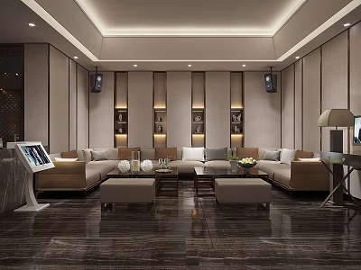 Luxurious KTV Lounge Interior With Comfortable Sofas Large Screen Coffee Tables Speakers And Lighting 3d model