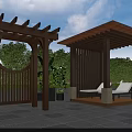 Outdoor Wooden Pergola Design With Arched Structure Seating Area Stone Pavement And Greenery