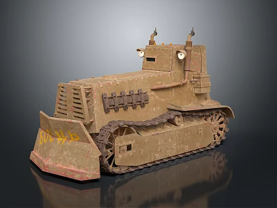Vintage Tracked Military Vehicle With Khaki Bulldozer Blade Headlights And Top Structure 3d model