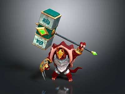Mythical 3D Warrior Character With Red Body Golden Helmet Large Hammer Block Green Accents 3d model