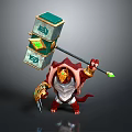 Mythical 3D Warrior Character With Red Body Golden Helmet Large Hammer Block Green Accents