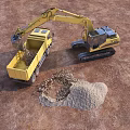 Yellow Construction Utility Vehicles Excavator And Truck Loading Materials At Urban Site