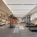 Contemporary Fitness Gym Interior Featuring Treadmills Strength Training Equipment And Marked Floor Lines 3d model