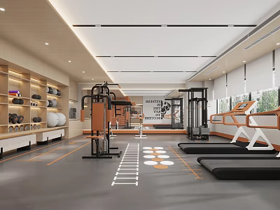 Contemporary Fitness Gym Interior Featuring Treadmills Strength Training Equipment And Marked Floor Lines 3d model