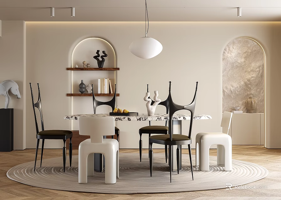 Modern Dining Room Interior With Round Table Stylish Chairs Pendant Light And Arched Accents 3d model 