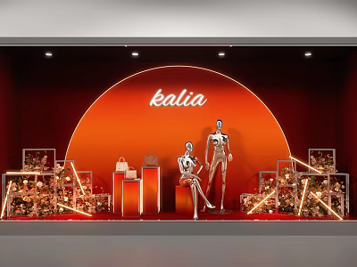 Kalia Store Window With Orange Curved Backdrop Mannequins Golden Frames Gift Boxes And Flower Decorations 3d model