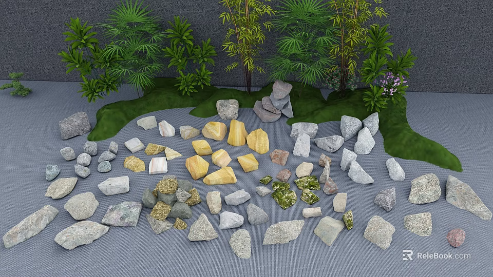 Natural Stone And Wood Elements With Various Rocks Green Plants Trees 3d model