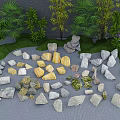 Natural Stone And Wood Elements With Various Rocks Green Plants Trees 3d model
