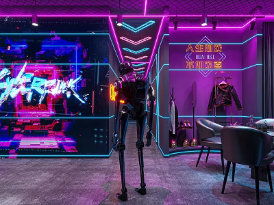 Futuristic Tech Inspired Interior With Purple Neon Lights Robot Clothing Display Tables And Chairs 3d model