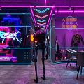 Futuristic Tech Inspired Interior With Purple Neon Lights Robot Clothing Display Tables And Chairs