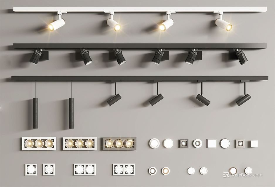 Modern Interior Lighting Featuring Track Mounted Spotlights And Multiple Downlight Designs 3d model 