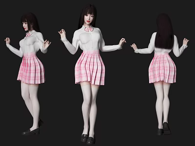 Woman Wearing White Shirt Pink Plaid Skirt White Stockings Black Shoes Three Different Angles 3d model