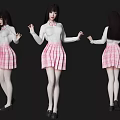 Woman Wearing White Shirt Pink Plaid Skirt White Stockings Black Shoes Three Different Angles