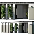 Gray White Modern Building Exterior With Vertical Stripes Green Trees And Black Door