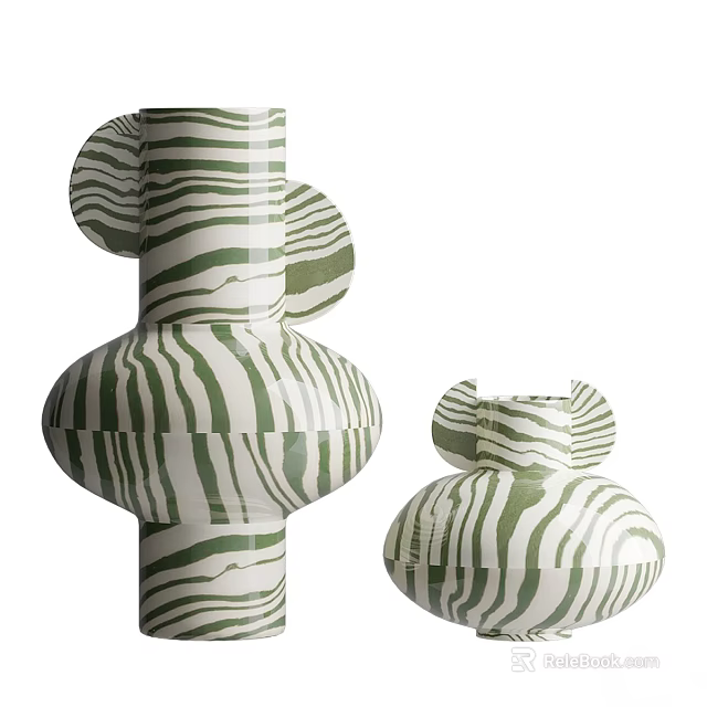 Green And White Striped Ceramic Vases With Unique Abstract Design For Home Decor 3d model