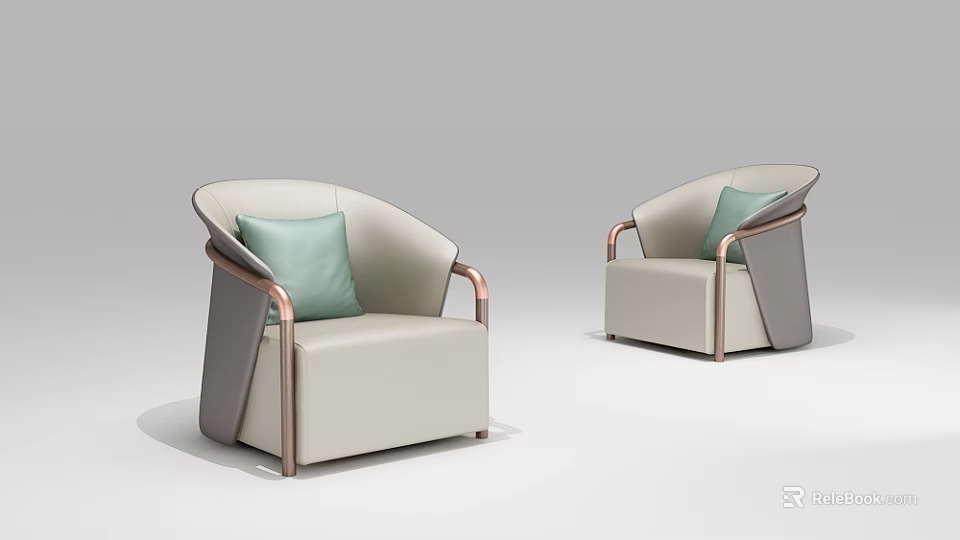 Modern Single Sofa Featuring Beige Upholstery Brass Armrests And Light Green Cushion 3d model