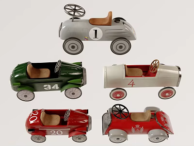Colorful Vintage Wooden Toy Cars Collection With Numbered Details And Classic Design 3d model