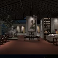 Chinese Style Hotel Public Lounge With Wooden Roof Decorative Paintings Bookshelves And Green Plants