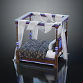 Elegant Four Poster Double Bed With Wooden Frame White Canopy Curtains And Patterned Bedspread